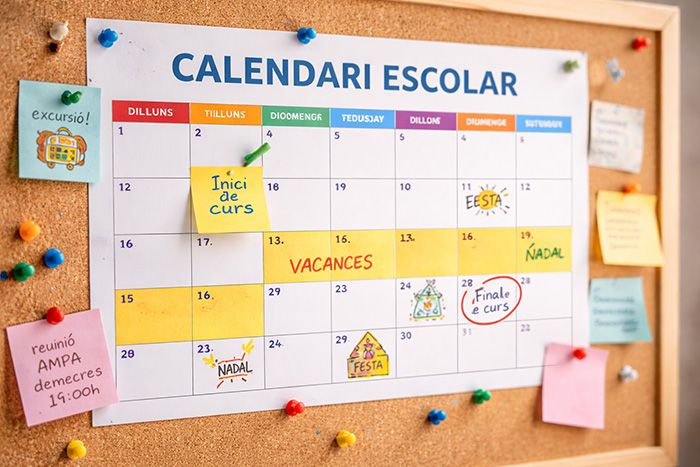 Calendari de curs — Escola Closa (famílies) Calendari escolar en un tauler de suro, representatiu de la secció de calendari de curs per a les famílies de l’Escola Closa.